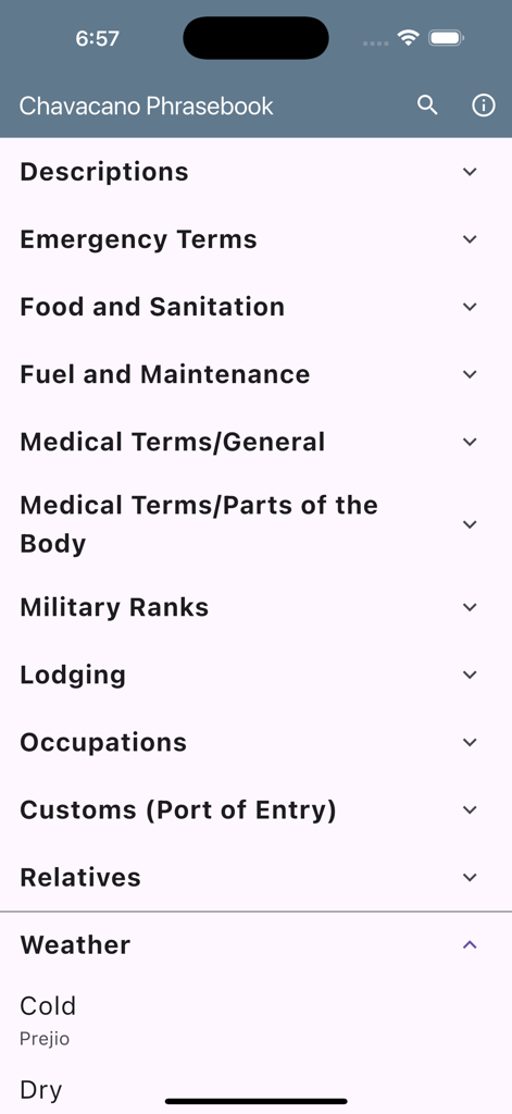 Chavacano Phrasebook - A menu of phrase categories in the Chavacano Phrasebook app including military ranks and emergency terms