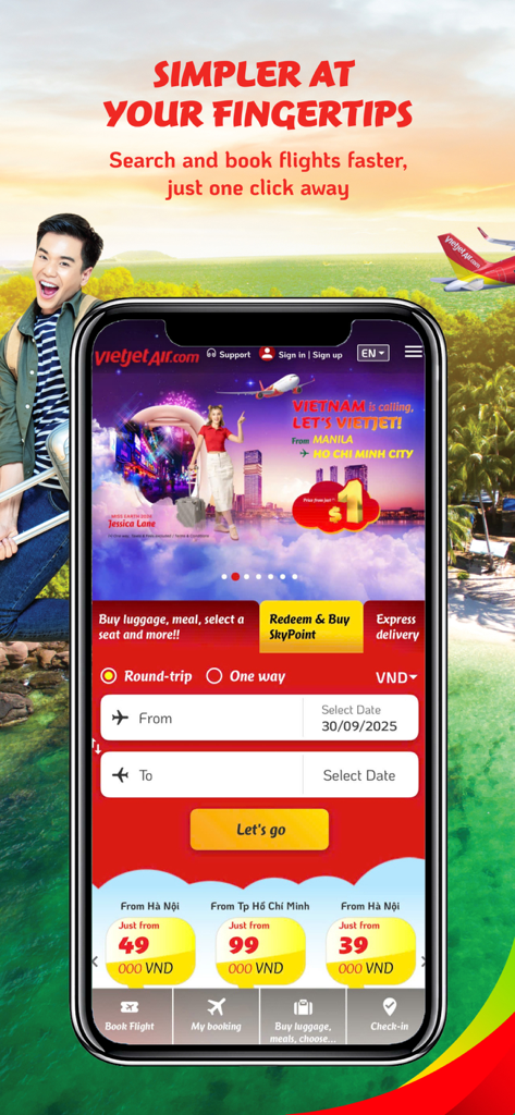 ベトジェットエアのモバイルアプリのインターフェース。フライト検索機能と地域旅行プロモーションが表示されています。