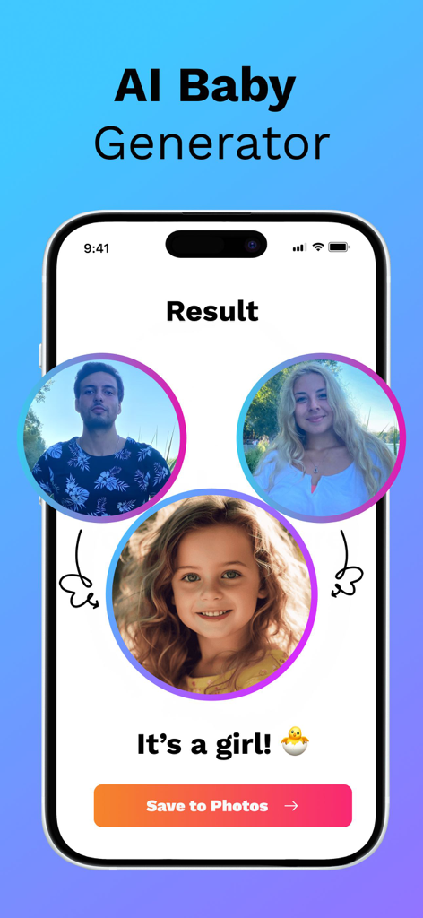 Una pantalla de móvil que muestra el resultado de una niña generada por IA basado en las características combinadas de las fotos de dos padres.