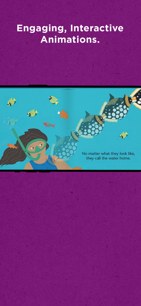 Skybrary – Kids Books & Videos - An interactive book animation in the Skybrary app showing a girl scuba diving with colorful tropical fish