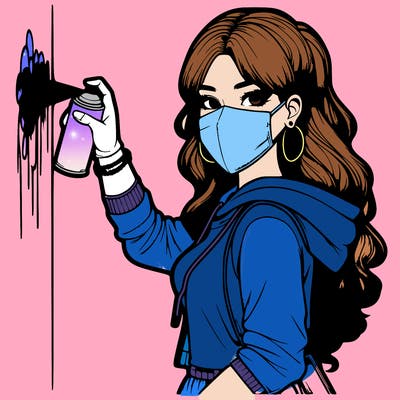 realistic girl with mask spray painting a wall