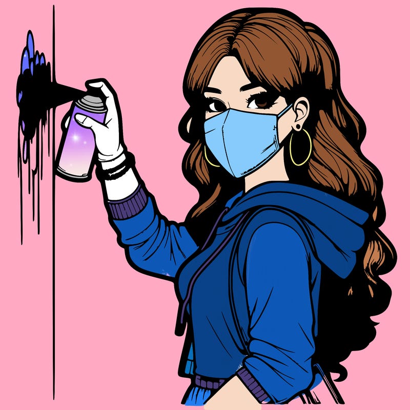 realistic girl with mask spray painting a wall