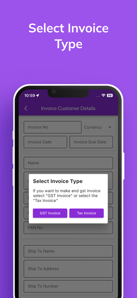 GST請求書と税金請求書のオプションを選択するポップアップが表示されるモバイルアプリインターフェース