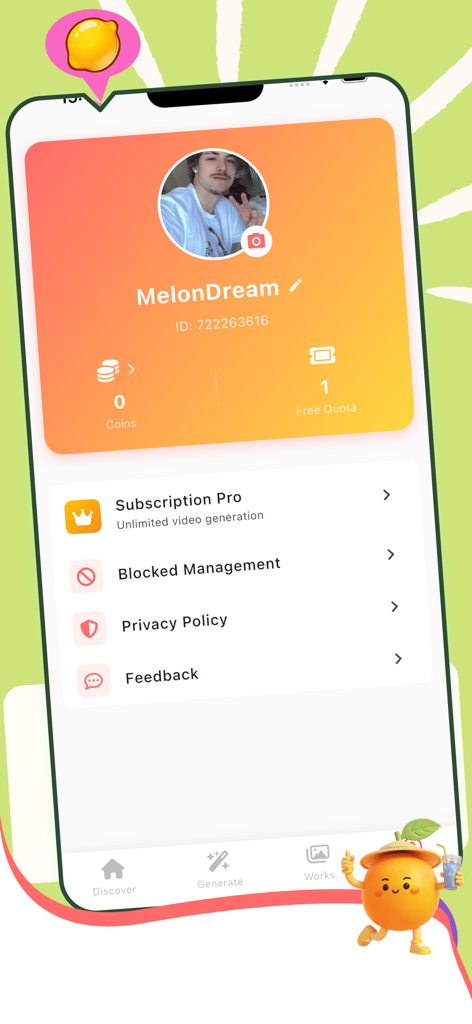 FiMio - FiMioフルーツアニメーションアプリのユーザープロフィールのインターフェース。