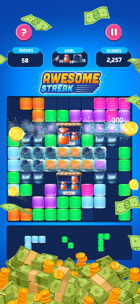 Pantalla de juego de puzzle Blocks Blast mostrando bloques coloridos y premios en efectivo real