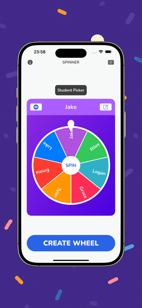 Wheel Of Names - Picker Wheel - Uno screenshot per iPhone dell'app Wheel Of Names con una ruota colorata per la selezione degli studenti con nomi come Jake e Riley.