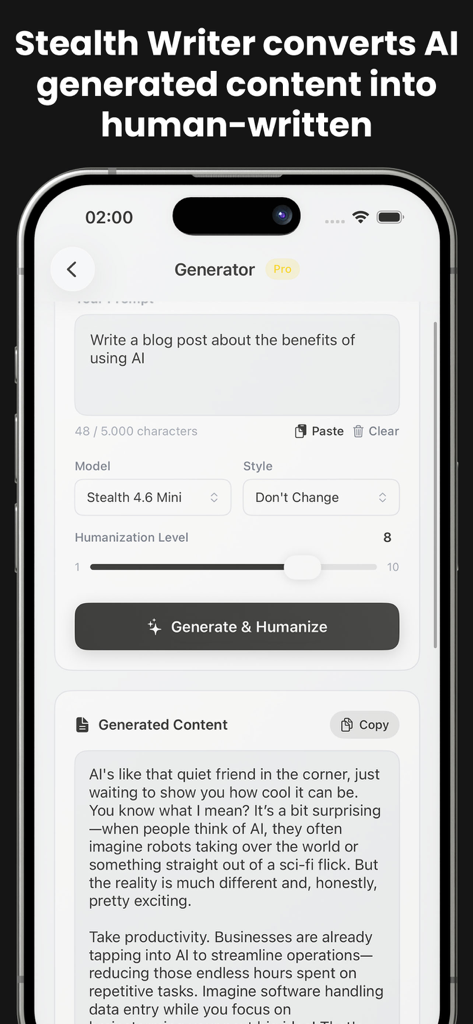 Stealth Writer mobile app interface showing the generator tool to convert AI text into human-written content