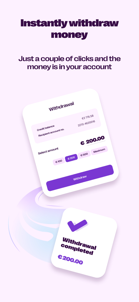 Banking with Saldo Mobile App - Interface of the Banking with Saldo app showing an instant money withdrawal process and completion