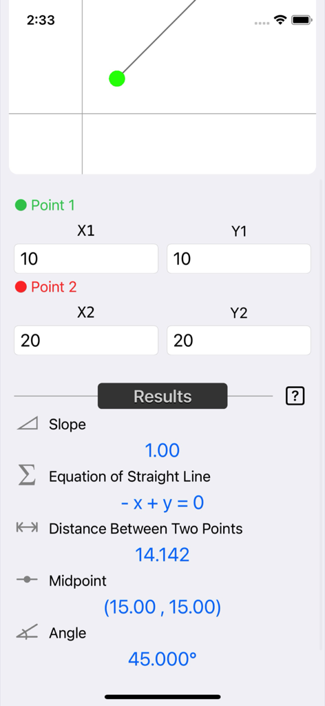 Slope Calculator Plus - Interface of Slope Calculator Plus showing coordinate inputs and calculated results for slope distance midpoint and angle