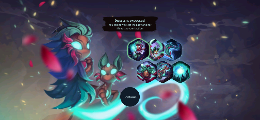 Oaken - Oaken game interface showing the newly unlocked Dwellers faction with ethereal spirit characters and hexagonal unit icons.