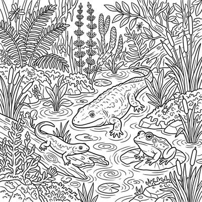 Explore a vibrant prehistoric ecosystem featuring ancient amphibians like frogs and salamanders in a lush swamp setting. This intricate coloring page invites you to bring a forgotten world to life with your favorite colors.