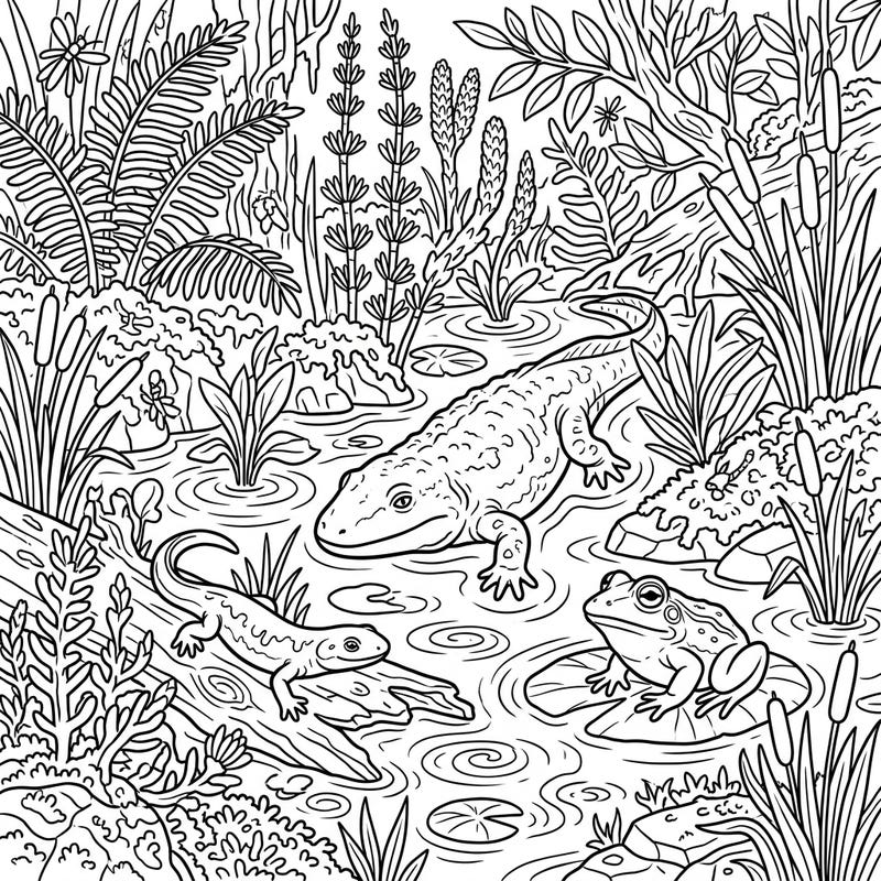 Explore a vibrant prehistoric ecosystem featuring ancient amphibians like frogs and salamanders in a lush swamp setting. This intricate coloring page invites you to bring a forgotten world to life with your favorite colors.