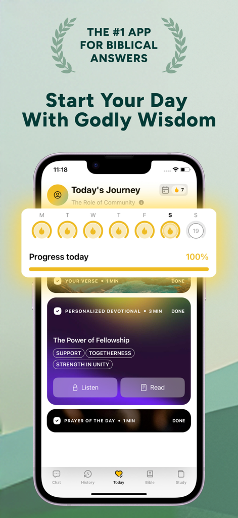 Un'interfaccia mobile dell'app Bibbia Chat che mostra un percorso devozionale giornaliero completato con il 100% di progresso