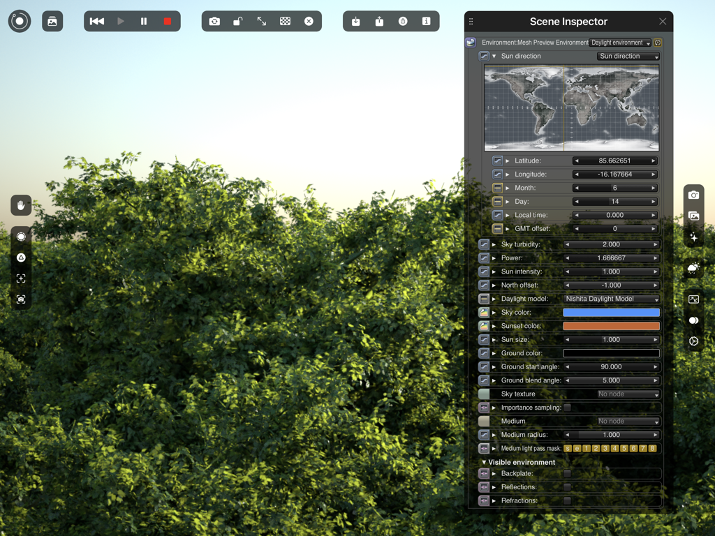 iPad上の昼光環境と太陽の方向を調整するためのOctane Xシーンインスペクタパネル。