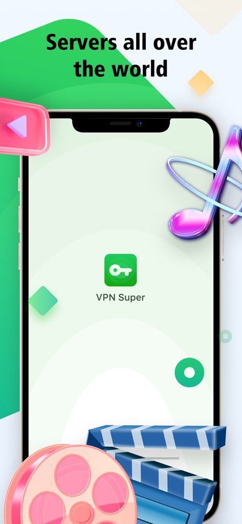 VPN - Super Fast & Secure VPN - Pantalla de iPhone que muestra el icono de la aplicación VPN Super con el texto Servidores en todo el mundo rodeado de iconos de películas y música