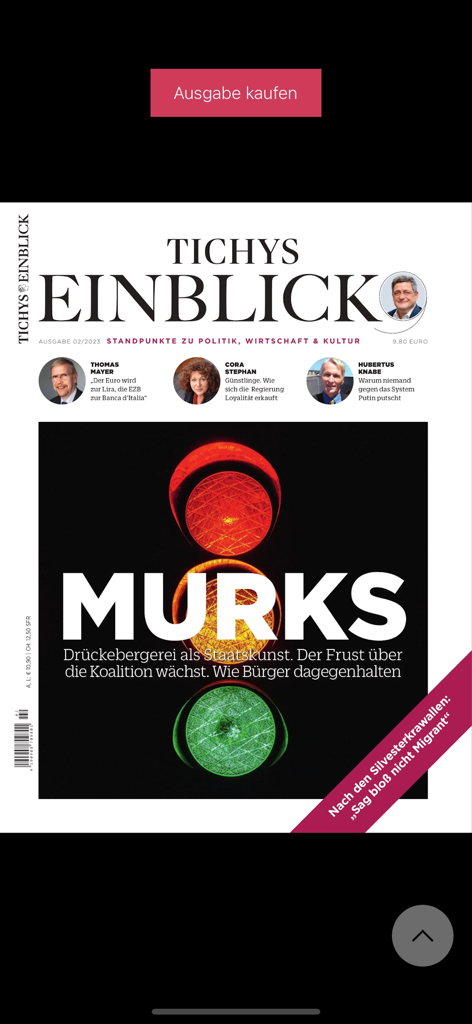 La portada de la edición digital de Tichys Einblick Magazin con comentarios políticos sobre un gráfico de semáforo.