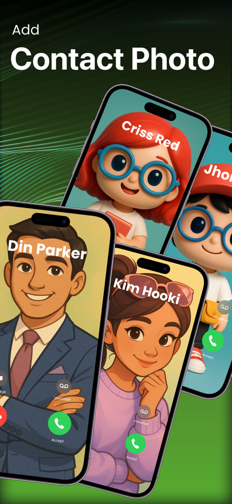 Interface showing several iPhones with custom illustrated contact photos for incoming calls