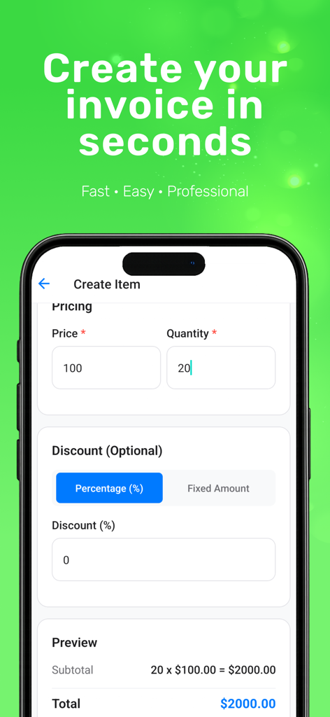 Invoice Maker: PDF & Billing - 請求書に項目を追加するためのモバイルアプリインターフェース。価格と数量フィールド、合計プレビューを表示。