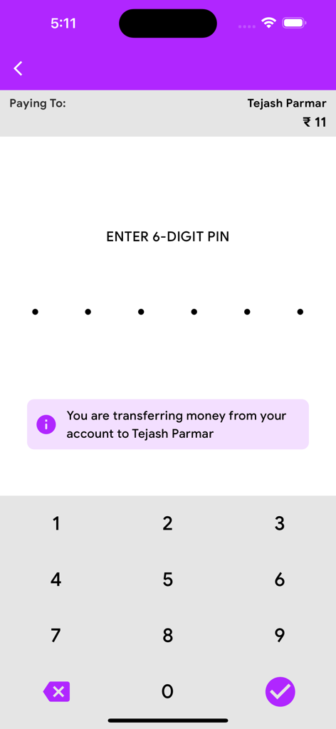 PurpleX app security screen for entering a 6-digit transaction PIN