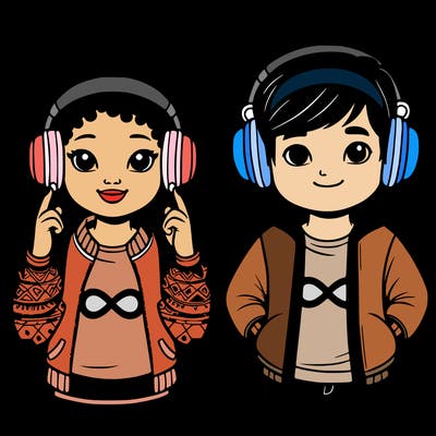 an afroamerican girl with headphones and a boy with headphones, they have an ♾️ symbol on their shirt