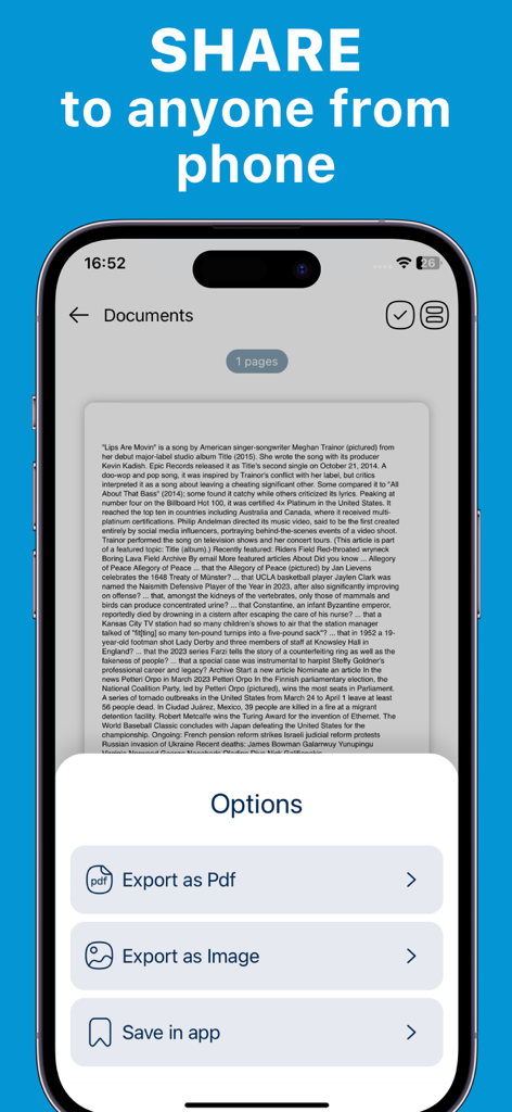 Printer App: Smart Printer • - Una interfaz de smartphone que muestra opciones de exportación de documentos, incluida la exportación como PDF y la exportación como imagen.