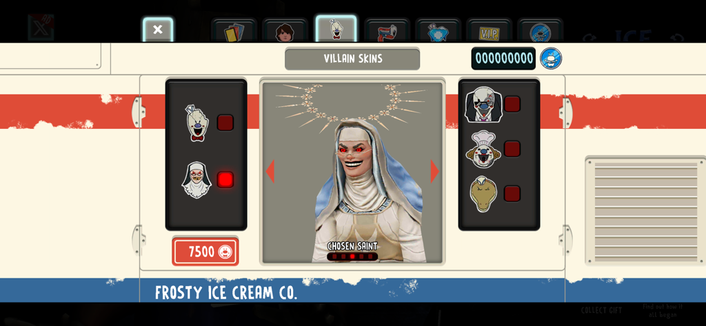 Ice Scream 8: Horror Games - Menu de personnalisation en jeu dans Ice Scream 8 montrant le skin Sainte Élus pour le personnage de la Nonne Maléfique