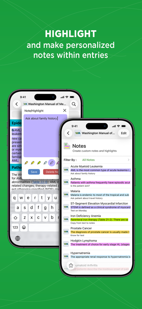 Dos teléfonos inteligentes que muestran la función de resaltado y notas personalizadas en la aplicación médica The Washington Manual