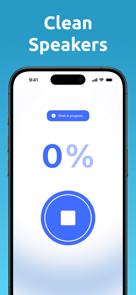 Clear Wave ‒ Water Eject - Clear Wave Water Eject app interface showing the speaker cleaning progress screen with a stop button