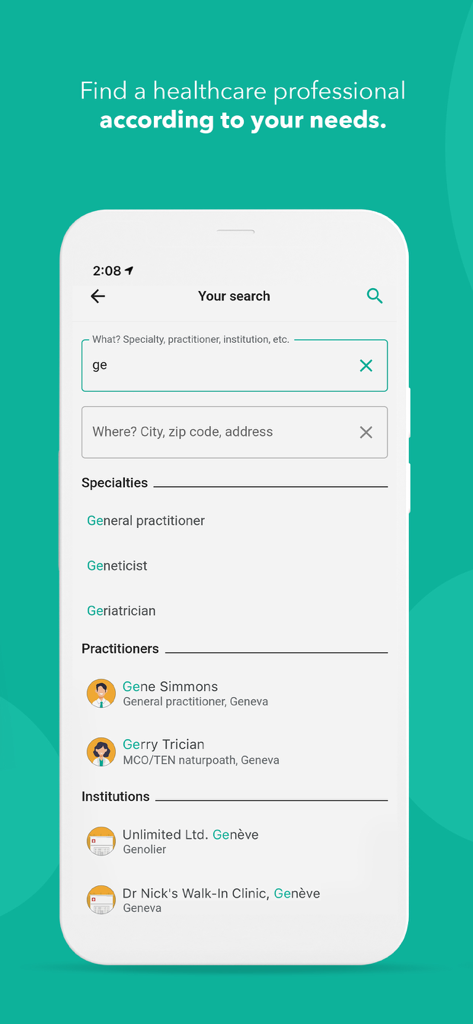 OneDoc - Interfaccia di ricerca dell'app mobile OneDoc per trovare professionisti sanitari e istituti in Svizzera