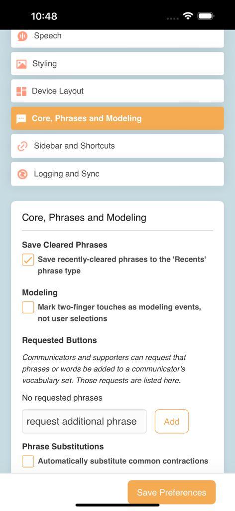 CoughDrop Pro - Settings screen in the CoughDrop Pro app for configuring core phrases and modeling preferences