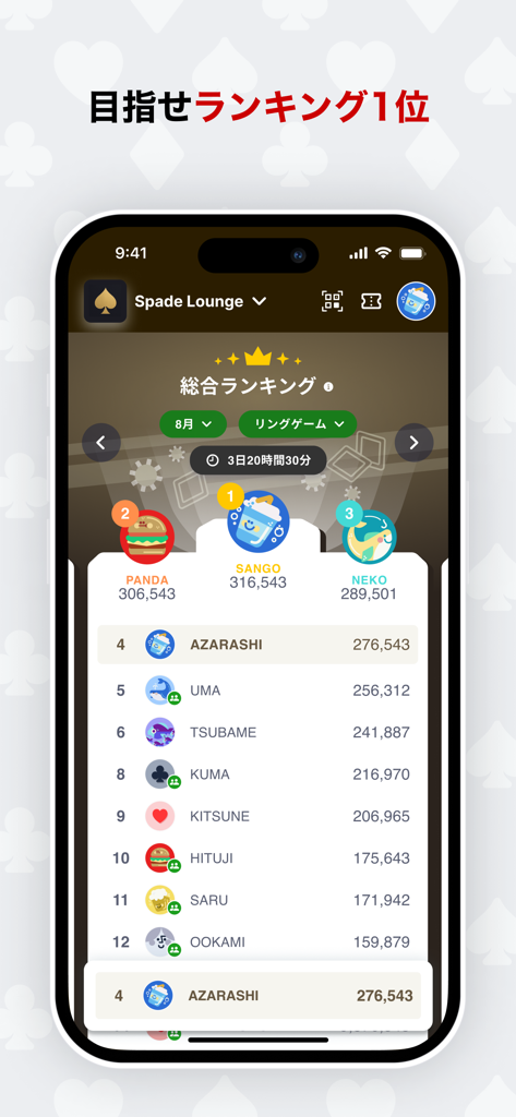 Poker player rankings leaderboard screen in the Waitinglist app showing top competitors at Spade Lounge