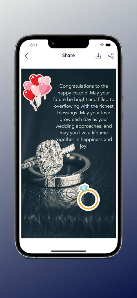 Quotes Maker Photo Editor App - A wedding congratulations post with a ring background and heart stickers created in the Quotes Maker app