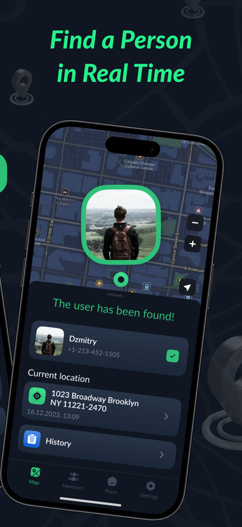 Locate Family & Track Friends - Mobile app interface showing real-time GPS location of a family member on a city map.