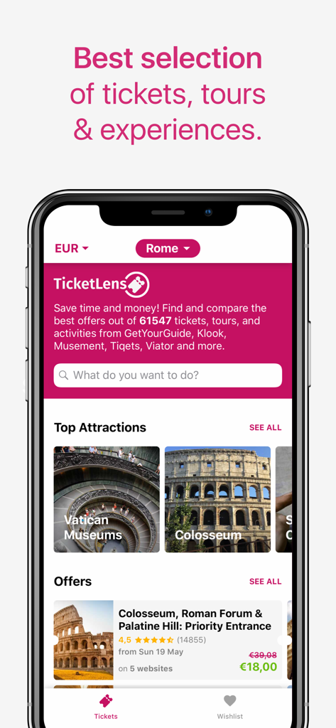 TicketLens: Tours & Activities - TicketLensモバイルアプリ、ローマのコロッセオなどのツアーチケット価格と人気アトラクションを表示