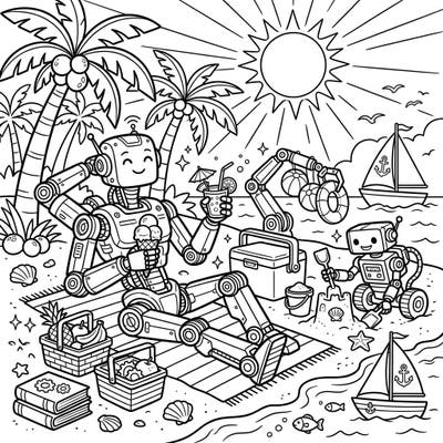 Discover a whimsical world where industrial robots trade their factories for sandy beaches and sunny days. This charming coloring page captures the joy of a perfect summer vacation, complete with ice cream, sandcastles, and tropical relaxation.