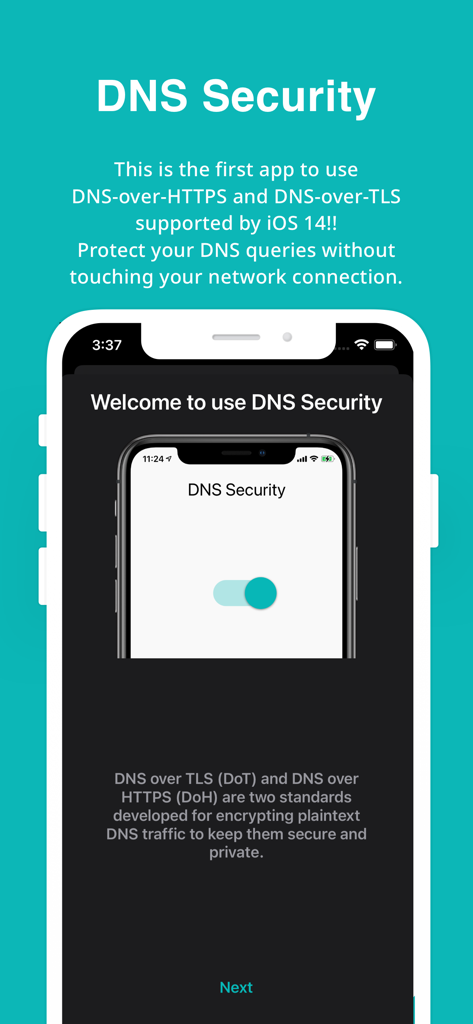 Schermata introduttiva dell'app DNS Security Pro che mostra un interruttore e spiega i protocolli di crittografia DNS
