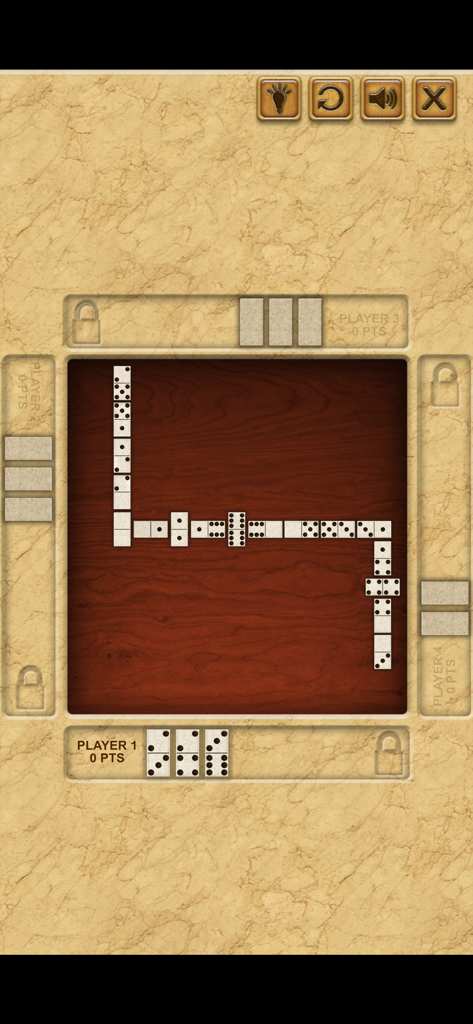A classic dominoes game in progress showing a wooden board and player tiles