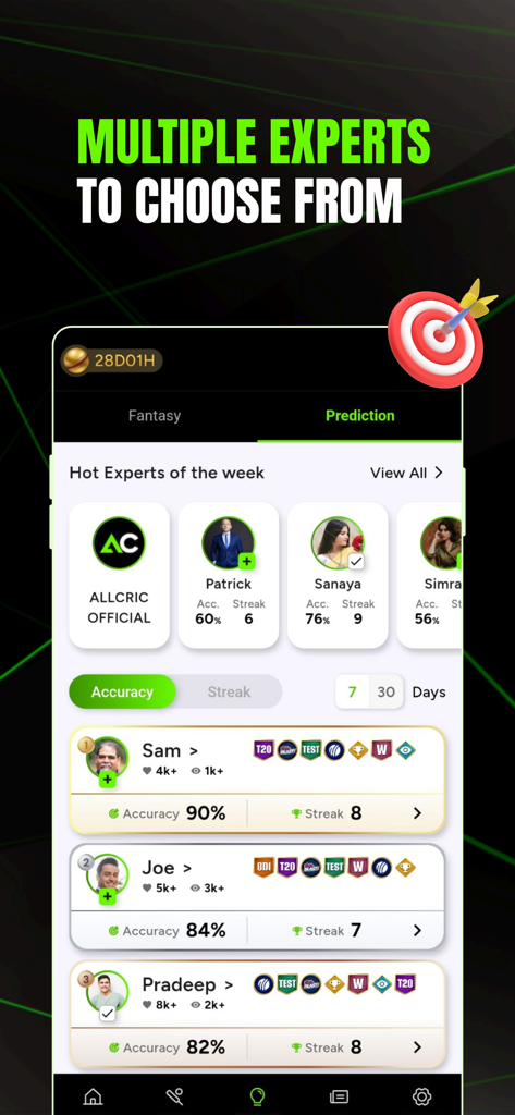 AllCric – Cricket Score App - AllCric mobile app screen displaying a list of cricket prediction experts with their accuracy percentages and win streaks