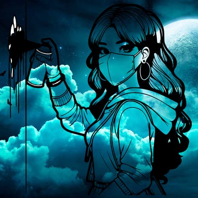 realistic girl with mask spray painting a wall