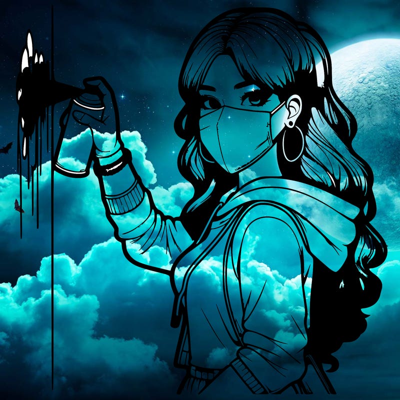 realistic girl with mask spray painting a wall