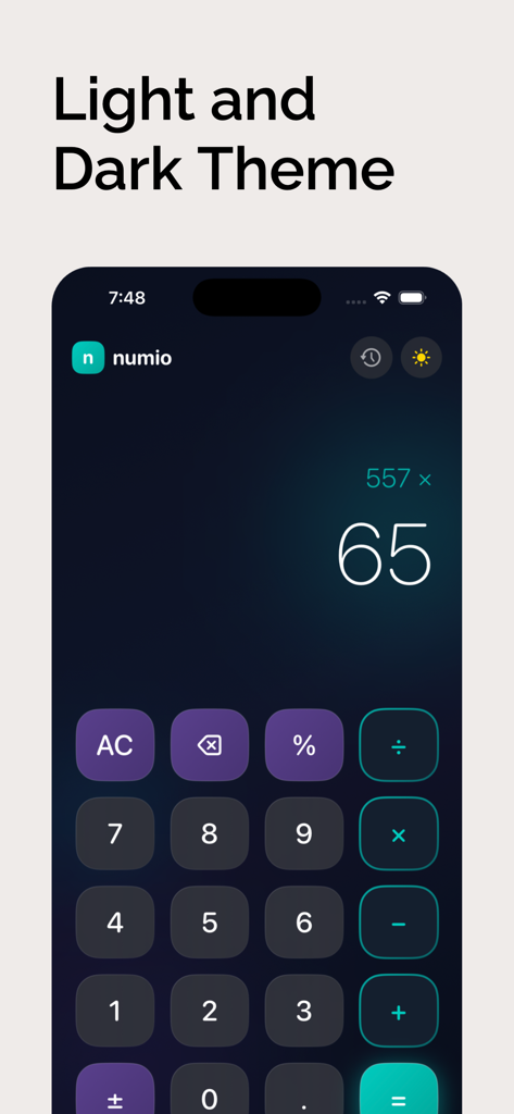 Numio Calculator - Numio Calculator app interface showing the dark theme on an iPhone screen.