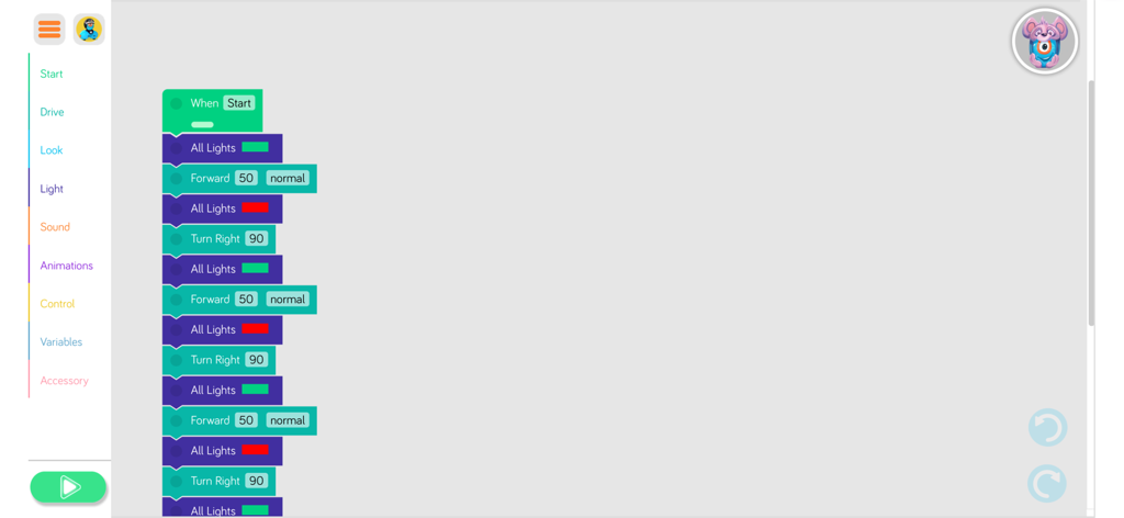 A visual block-based programming workspace in the Blockly for Dash and Dot robots app showing a sequence of coding commands.