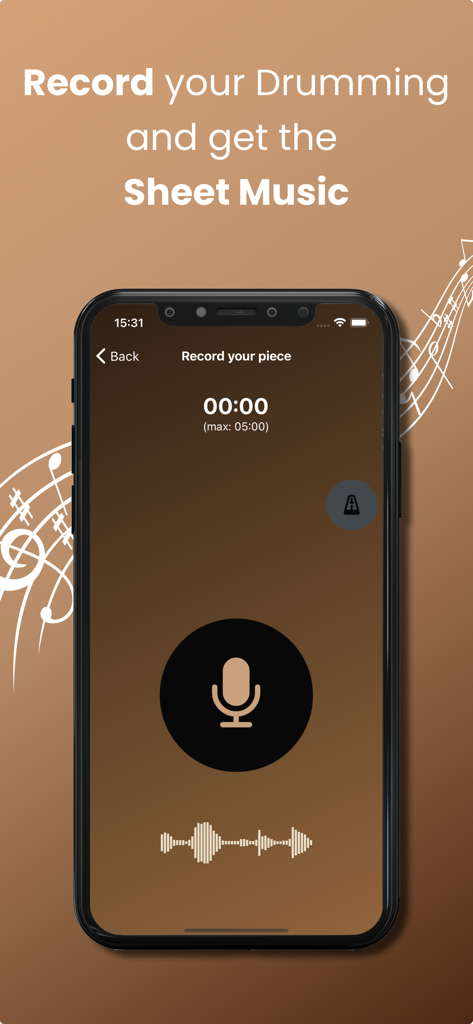 Drum2Notes - Transcribe Drums - Drum2Notes app recording screen for transcribing drum sessions into sheet music