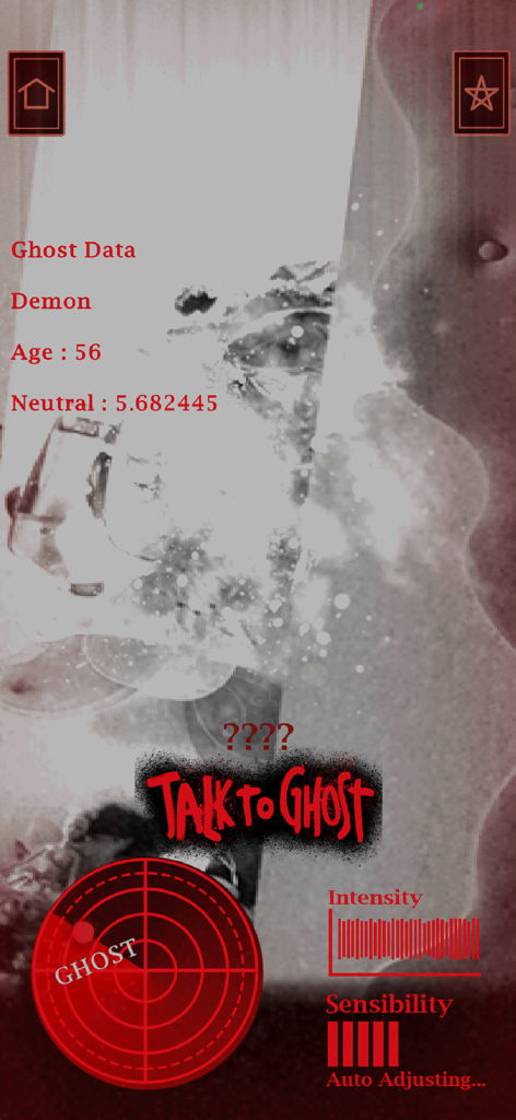 Ghost Detector & Spirit Box - Interfaz de la aplicación Detector de Fantasmas mostrando un escáner de radar y datos de espíritu para un demonio.