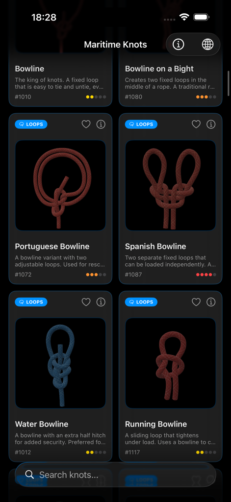 Maritime Master - Knots - Una biblioteca de nudos marítimos que muestra variaciones de nudos de as de guía (bowline knots) con diagramas 3D y detalles técnicos.
