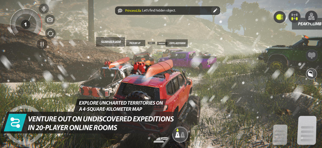 Offroad League Online - Veículos offroad personalizados explorando um vasto mapa de montanha nevada em uma sessão multijogador.