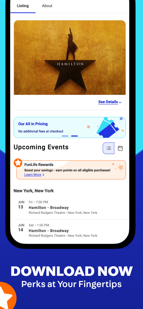 TicketsatWork: Employee Perks - App interface showing Hamilton Broadway show ticket listings and employee rewards program