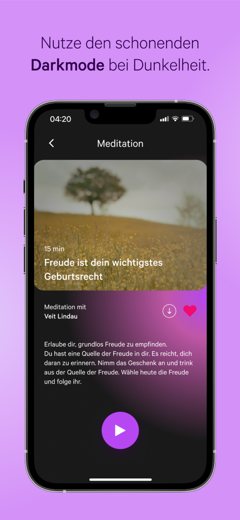 Interface do aplicativo homodea meditation mostrando o modo escuro e uma sessão de meditação guiada por Veit Lindau