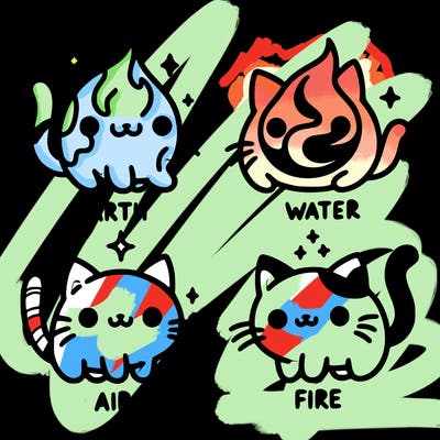 4 cats that represent the different elements, earth, water, air, and fire