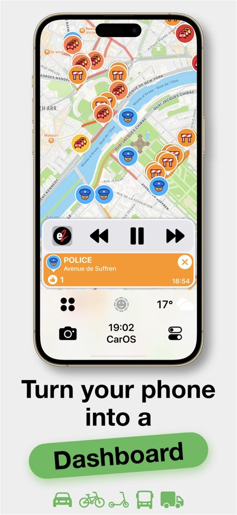 CarOS app on an iPhone displaying a smart dashboard with map navigation and traffic alerts